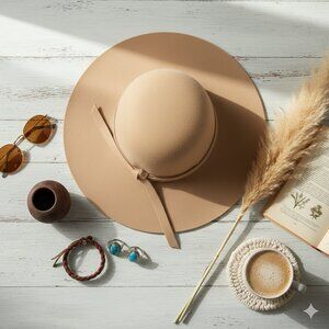NWT Camel Wide-Brimmed Felt Floppy Hat